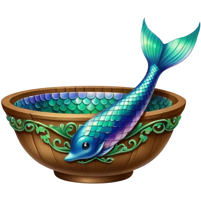 Mermaid tail in a wooden soup bowl emoji