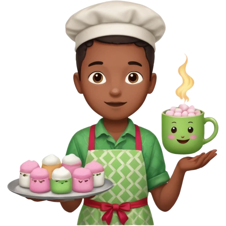 A young black vendor boy with pink cheeks, holding a tray of marshmallow-topped cocoa wearign green patterned apron emoji