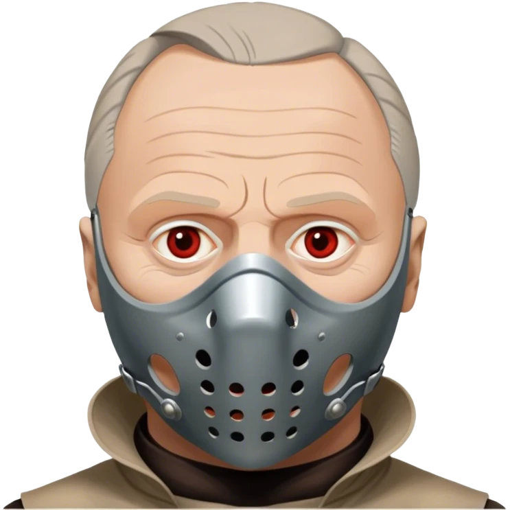 Icon for Hannibal Lecter (Anthony Hopkins): A chilling design with a close-up of Hannibal's face wearing the iconic muzzle mask. Dark, ominous background with sharp lighting to emphasize his intense gaze. A sinister, psychological thriller atmosphere. Transparent background. emoji