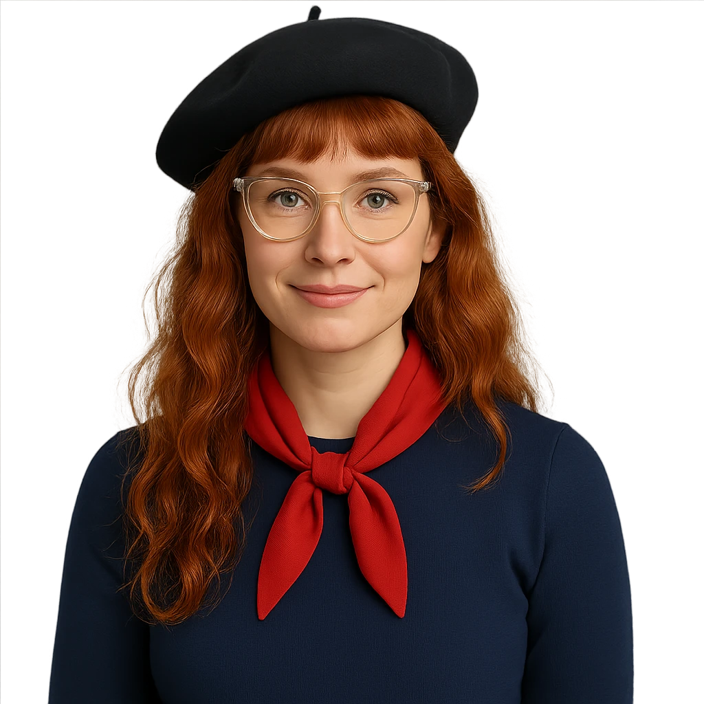 redhead woman, long wavy hair, bangs, cat-eye clear-framed glasses, blue eyes, French teacher, with a beret emoji
