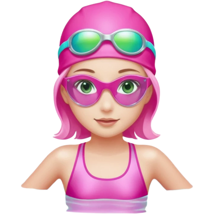 pretty girl with green eyes pink swim cap holographic swimming glasses and cute profesional swimmer pink swimsuit without her hair visible swimming emoji
