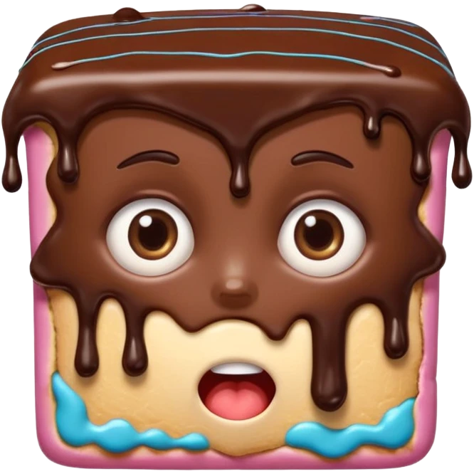 Rectangular chocolate mini pastry, slightly messy, wide shocked eyes, open mouth, chocolate dripping, text above: "ПАСТИЧКА", chibi style, Twitch emoji style, transparent background, colorful

 emoji