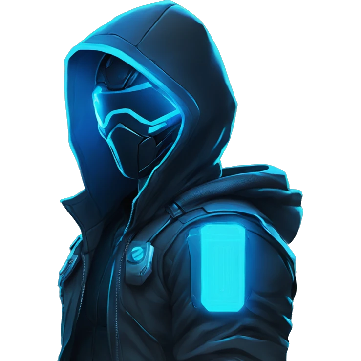 developer behind his laptop with this style : crysis Cyberpunk Riot Games Valorant neon glowing bright blue character blue black hooded assassin themed character emoji