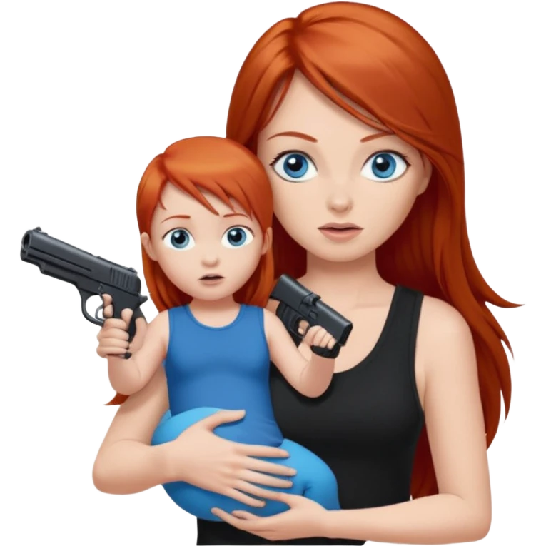 A red head with long straight hair, she has blue eyes with big boobs. She’s wearing a black tank top and holding a gun up in one hand and a baby boy with blue eyes sucking on one of her boobs in the other arm emoji