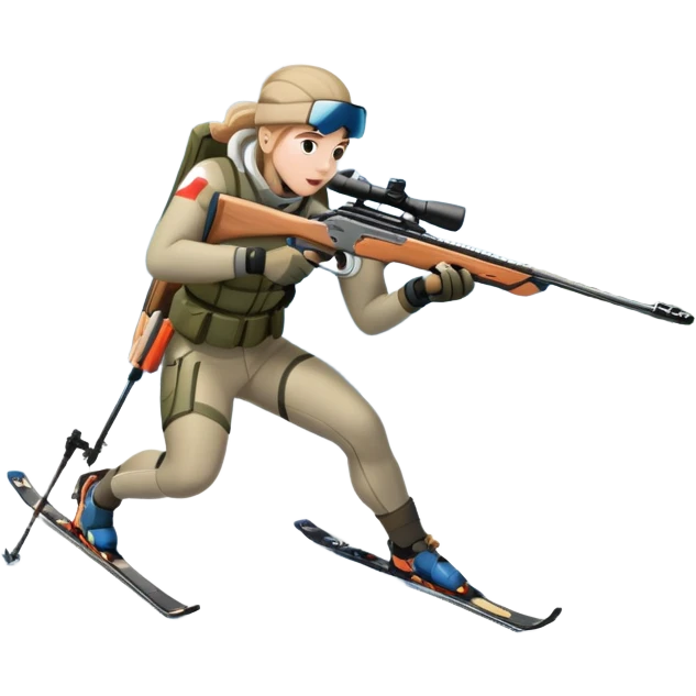 An icon showing a snowy landscape with pine trees, mountains, and a clear sky with a biathlete aiming a rifle in the foreground, wearing winter gear and skis. Transparent background emphasizes the precision, endurance, and beauty of this winter sport. emoji