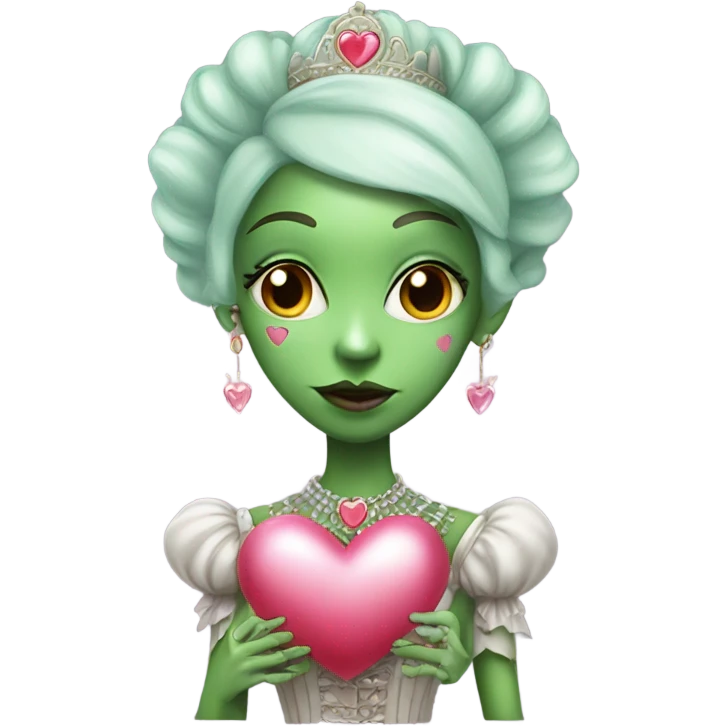 a green amazon alien woman in Victorian white gold, pink hair full body,holdig red big hearth emoji