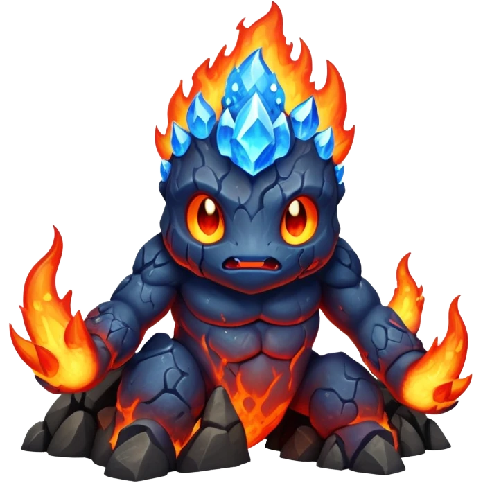 a mystical fast lava creature without arms with molten lava on its head and some rocky shoulders, full body, fire crystals, blue flames, no background emoji