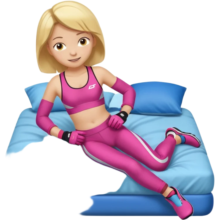 ten-year-old girl in a racing suit, racing shoes and racing gloves with no helmet, unzipped, revealing a sports bra, sleeping on a bed happily, flat-chested and prepubescent emoji