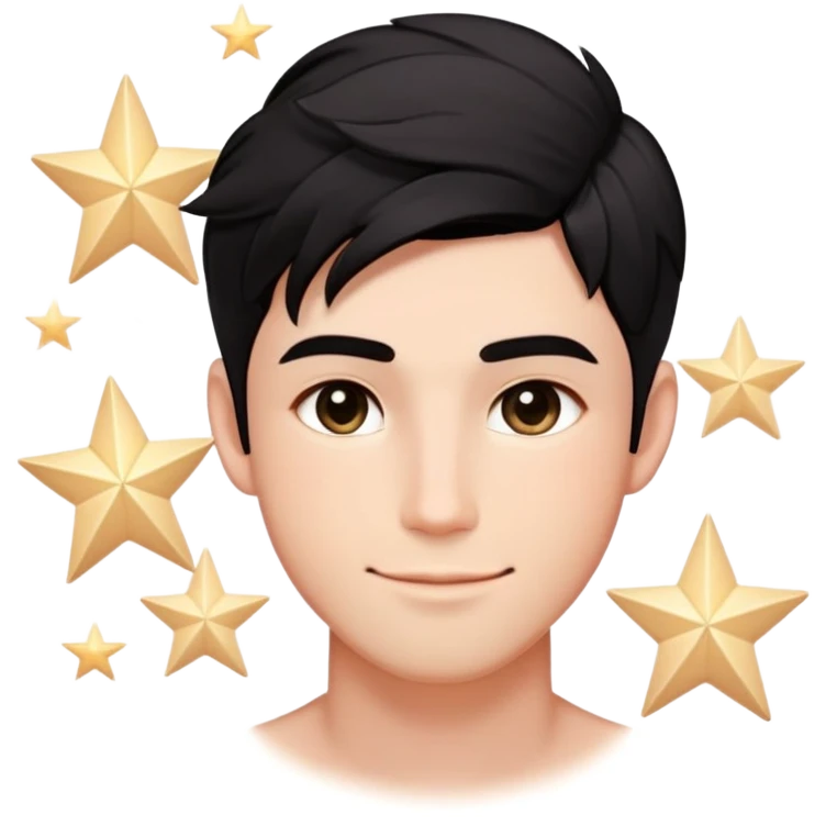 Male Design   Hair - Black textured crop cut with natural flow Face Shape - Oval contour with soft blush gradients Eyes - Left: Almond-shaped eye with sparkle highlights | Right: Glowing five-point star symbol (✨) Expression - Playful smirk with slight dimple emoji