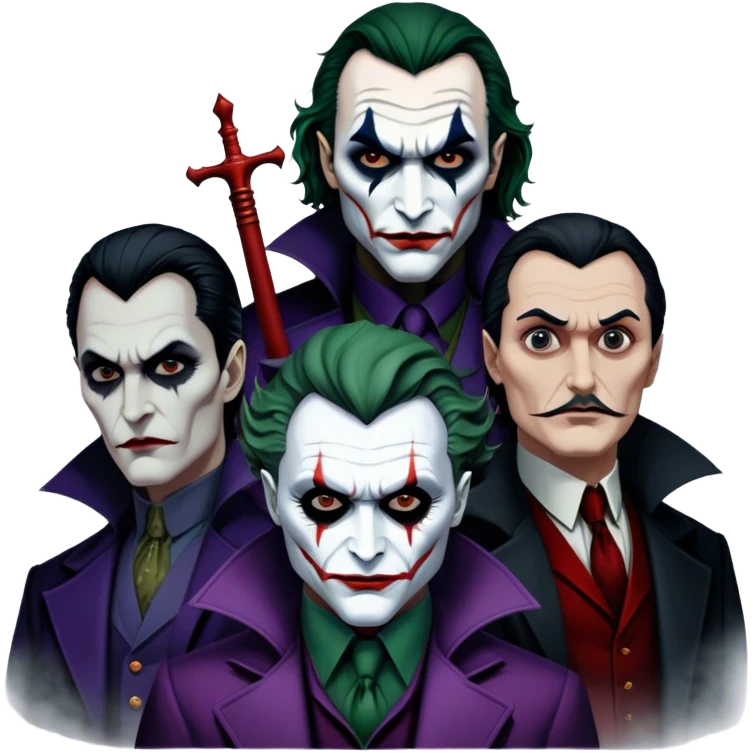 Thriller Movie Icon: A dark, intense collage with close-up images of iconic thriller characters like Joker, Hannibal Lecter, and Vlad Dracula. The background features a moody Gotham City skyline, with shadowy figures and fog. Atmospheric, suspenseful tone. Transparent background. emoji