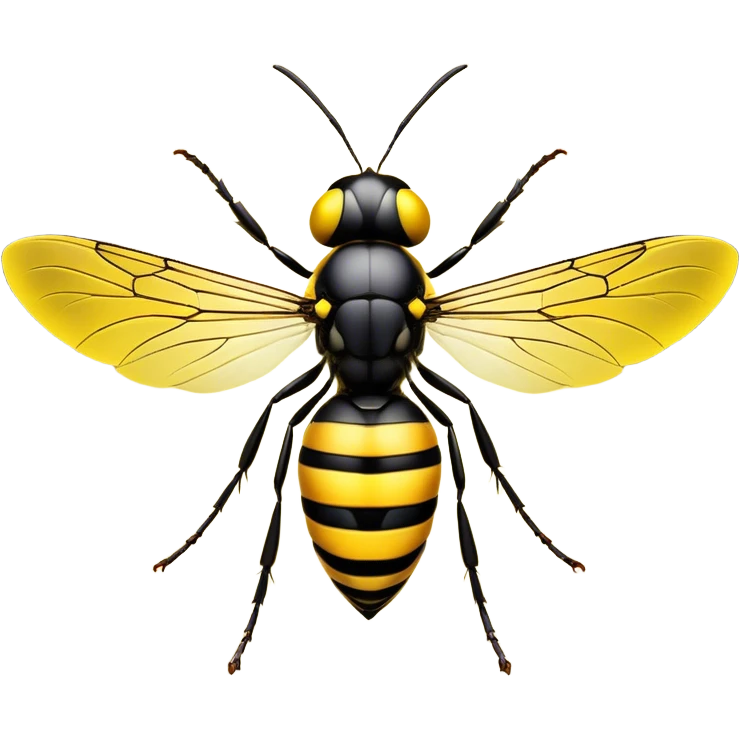 Cinematic Noble Wasp Portrait Emoji, Poised and formidable, with a sleek, slender body in bold yellow and black hues, angular, translucent wings and sharp, focused eyes exuding determined intensity, Simplified yet strikingly defined features, highly detailed, glowing with a cool, assertive radiance, high shine, intelligent and vigilant, stylized with an air of natural precision, focused and alert, soft glowing outline, capturing the essence of a watchful wasp that appears ready to buzz out of the screen with commanding presence! emoji