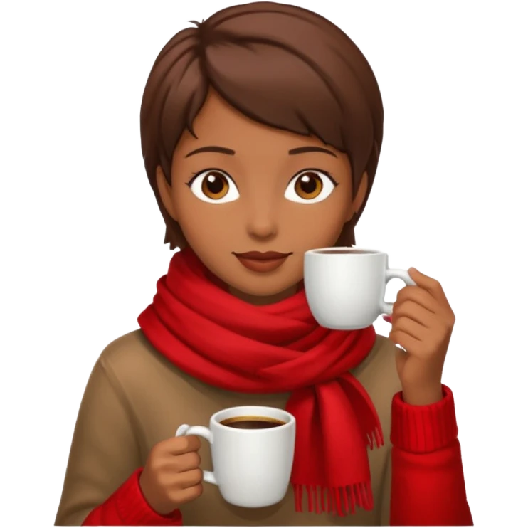 a girl with brown short hair, having red scarf, drink coffee, enjoy emoji