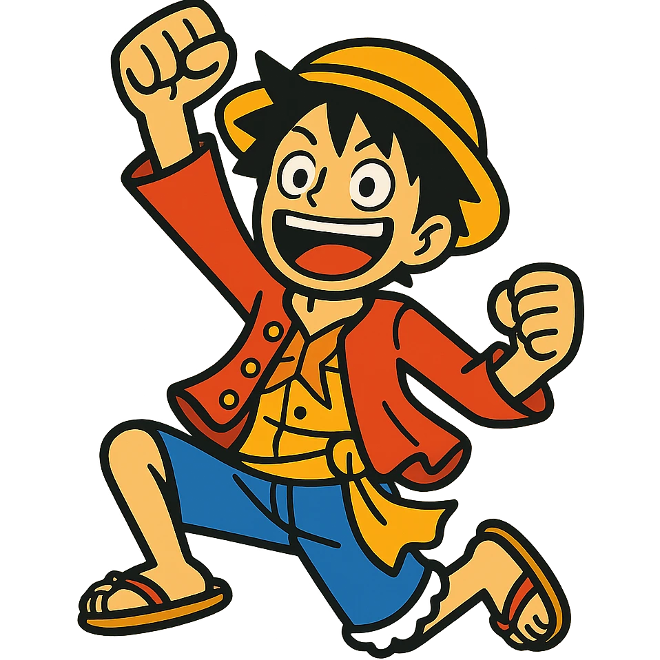 Luffy jumping in the air, excited facial expression, raised fist, vibrant toon style emoji