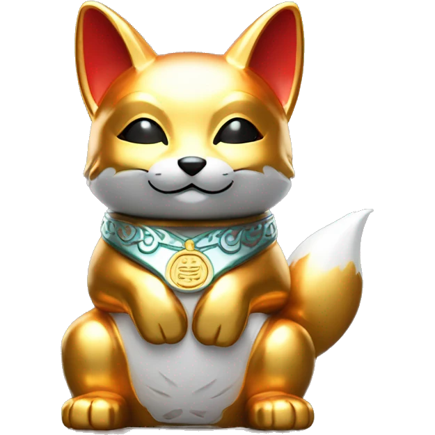 fully chrome fox statue in the form of maneki neko emoji