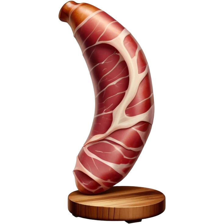 ​Cinematic Realistic Spanish Jamón Leg, depicted as a massive, cured leg of Jamón serrano (ham) with a deep reddish-brown hue, intricately marbled and slightly glossy with age, elegantly displayed on a rustic wooden stand and bathed in warm, soft lighting that accentuates its artisanal heritage, emoji