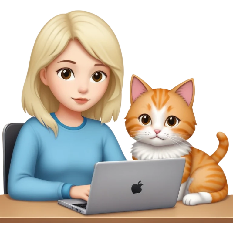 A girl is working on a laptop with a cat lying next to it emoji