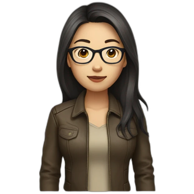 asian girl with glasses and a leather jacket with a  khaki shirt and long dark hair emoji