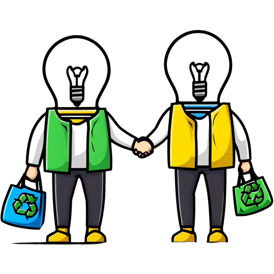 a lightbulb and a battery holding hands, each with recycling bags, walking to recycle emoji