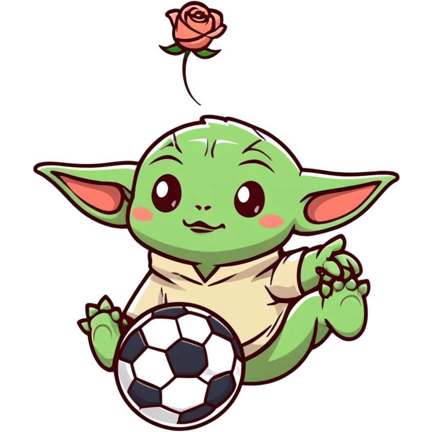 baby Yoda kicking a soccer ball with small roses beside him emoji