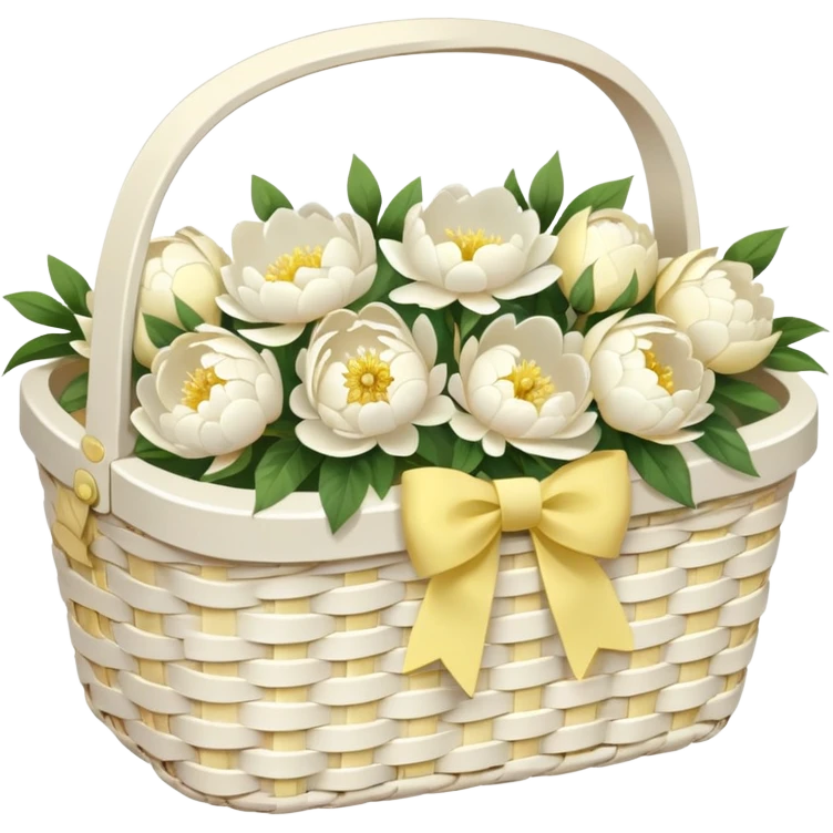 White Picnic basket with pastel yellow bow and white peonies inside emoji