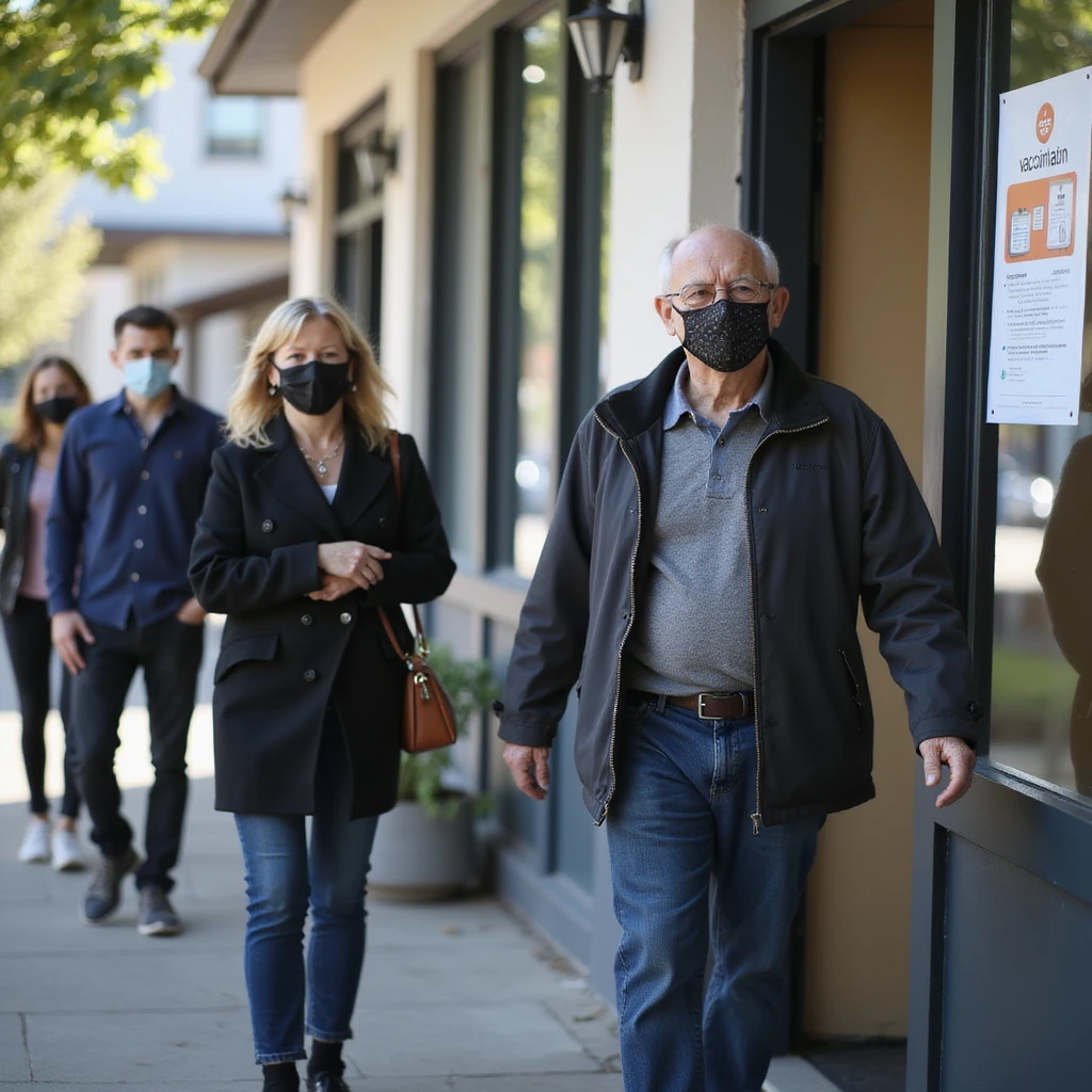 photo-realistic documentary style, elderly couple and young adults in line at a suburban clinic for vaccination, some masked, clear vaccination poster, soft natural light, 4K resolution emoji