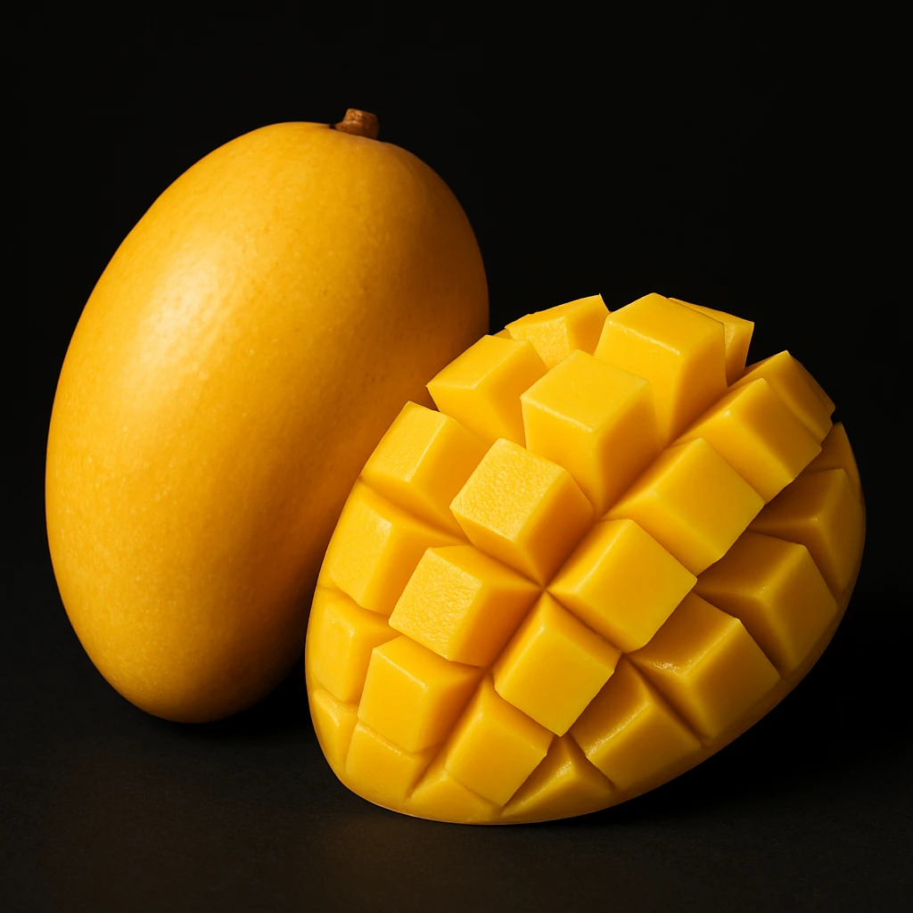 A ripe yellow mango, one half whole and one half sliced into cubes in a hedgehog pattern, realistic lighting, isolated on a black background, high detail, studio photo style, photo-realistic emoji