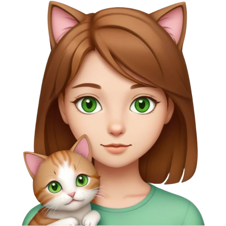 cute girl medium light brown hair green eyes and a cute kitty emoji