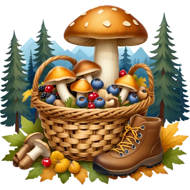Icon for Mushroom and Berry Tourism: a basket filled with mushrooms chanterelles, boletus and aspen and berries, surrounded by forest elements like trees, leaves and a hiking boots. The icon should capture the joy of foraging in nature. Transparent background. emoji