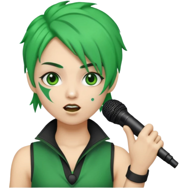green haired, warior makeup, holding microphone, singing emoji
