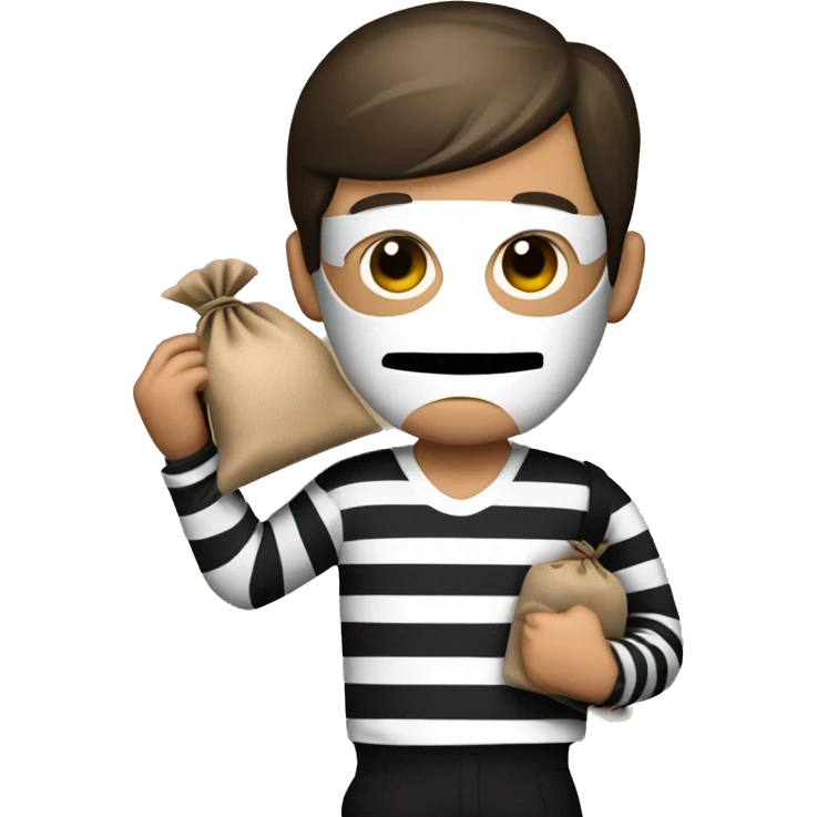 Bank robber wearing black and white striped shirt black eye face mask and holding a brown sack over the shoulder that has the dollar symbol emoji