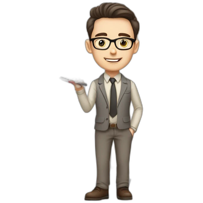 Pale skinned fit man with dark brown hair in gray jacket, beige office shirt, brown tie, brown pants and vintage glasses Writing text on a marker board emoji