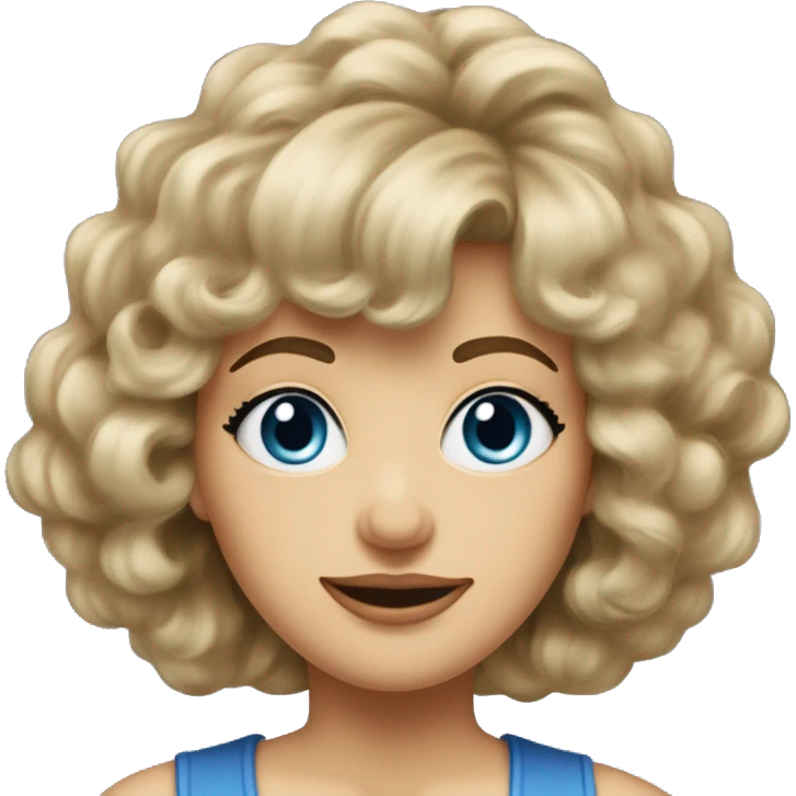 Medium length Dirty blonde big poofy hair with bangs all across forehead and sides swept away from face woman of 60 with blue eyes  emoji