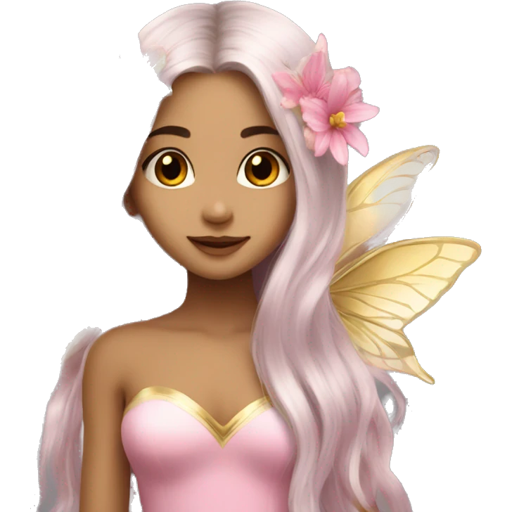 Beautiful, flower, fairy, pink, gold, silver, long hair, butterfly wings emoji