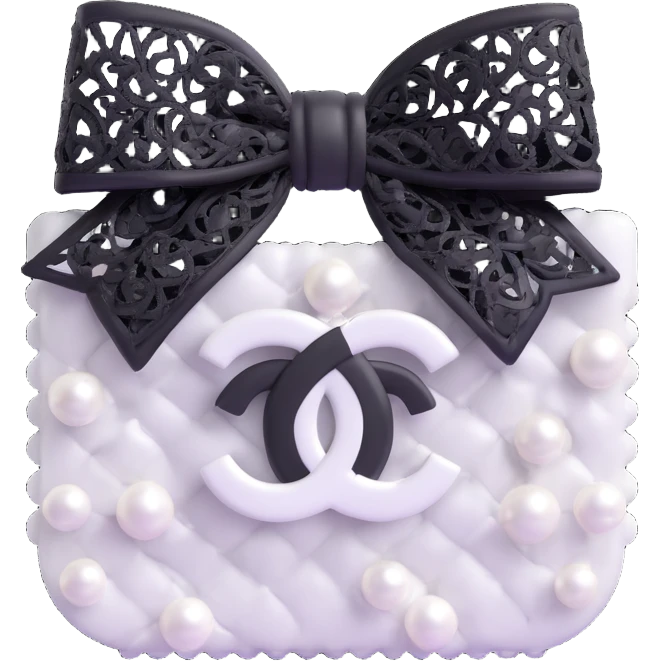 Change the bow to a lace bow, keep pearls and white Chanel logo, elegant, glossy, black and white, 3D emoji style. emoji