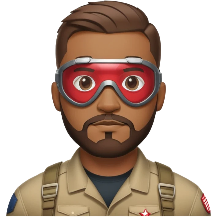 sam wilson with very short, neatly cropped and a well-groomed beard that connects to his mustache,  wear sleek, red-tinted tactical goggles fit snugly from captain america: civil war emoji