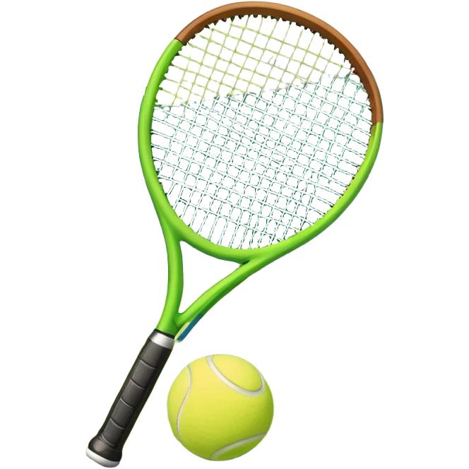 A tennis racket and ball positioned on a grass court, with the net and lines clearly visible in the background. The scene emphasizes the classic elements of the sport, capturing the energy and precision of a tennis match. emoji