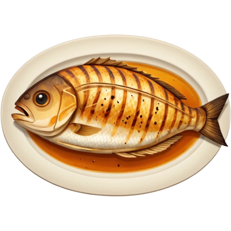 create a Whole good brownish Grilled Fish Camera angle: slightly elevated top-down view with a gentle bird’s-eye perspective (about 15–20°), identical perspective and scaled do not add anything on plate

 emoji
