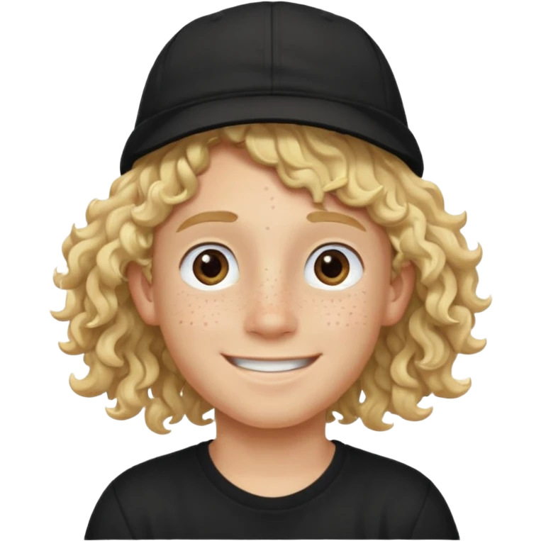 blonde boy with long curly hair past his hears and a LA hat, smiling, wearing a black shirt with freckles emoji