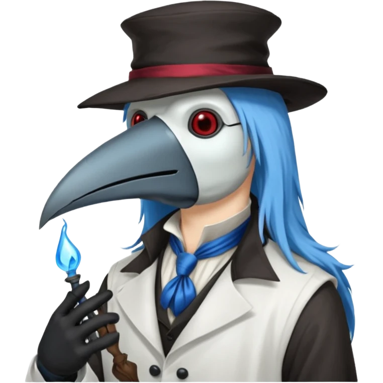 Plague Doctor with light-blue beautiful hair, handsome sexy, long hair tendril bangs down on the sides, white lab coat, blue cravat, black feathers on shoulder, raven companion, black gloves, red eyes emoji