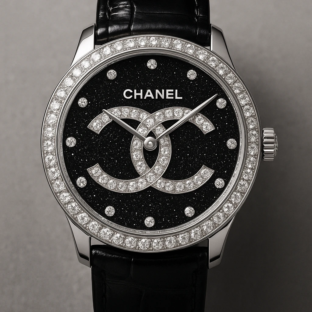 a glamorous watch with the Chanel logo, sparkling details, fashion statement emoji
