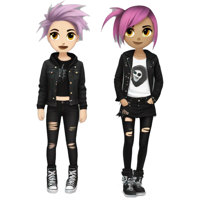 two emo girls with punk clothes, beautiful, aesthetic  emoji
