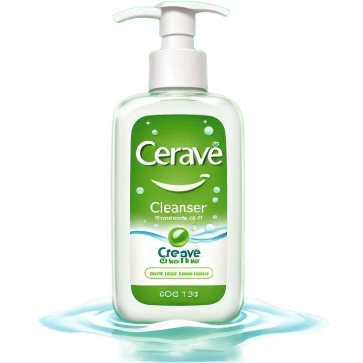 `CeraVe-shaped cleanser white rectangular pump bottle with soft green label CeraVe” stripe. Surrounded by floating water bubbles, glowing light particles, and a gentle green mist. Feels like a calm hydration spell in a bottle. Clean, glossy, emoji-style.`magical
 emoji
