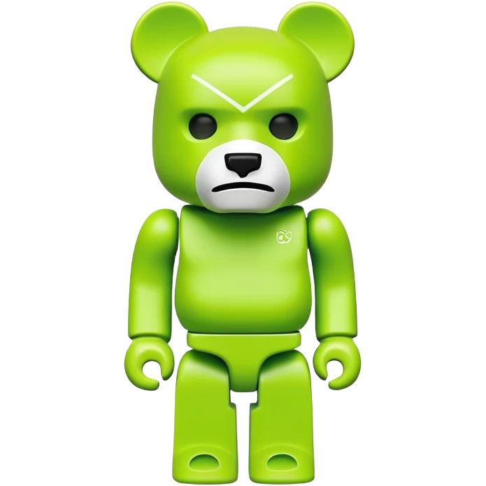 geometric bearbrick figurine with block-shaped head, lime green mask covering face except for prominent expressive eyebrows, iconic bear toy emoji