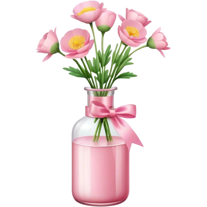 aesthetic bow in Cream Pink , Sugar Pink color glass bottle and in it a beautiful bouquet of Satin Pink Chinese buttercup  emoji