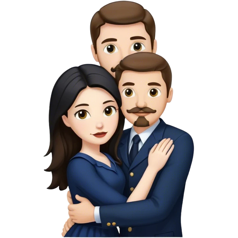tall white man with brown hair goatee mustache hugging a pale woman with long black hair, wearing navy formal clothing emoji