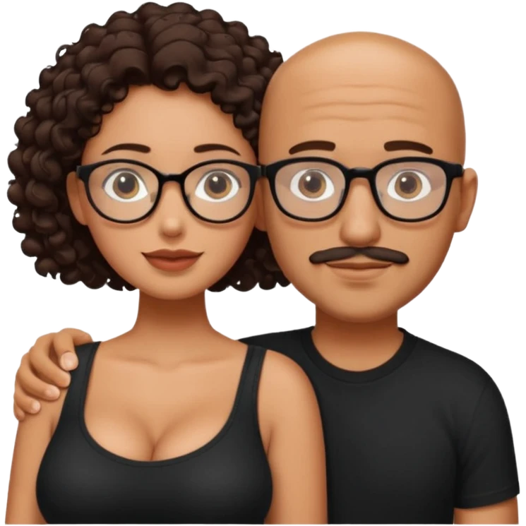 A picture of an embracing tanned couple. the man is a Mexican man with tanned skin, with a bald hair cut, short beard and wearing a black shirt. the woman is short with long curly dark brown hair and with big boobs. Put glasses on the woman only. The man doesn't have glasses. emoji