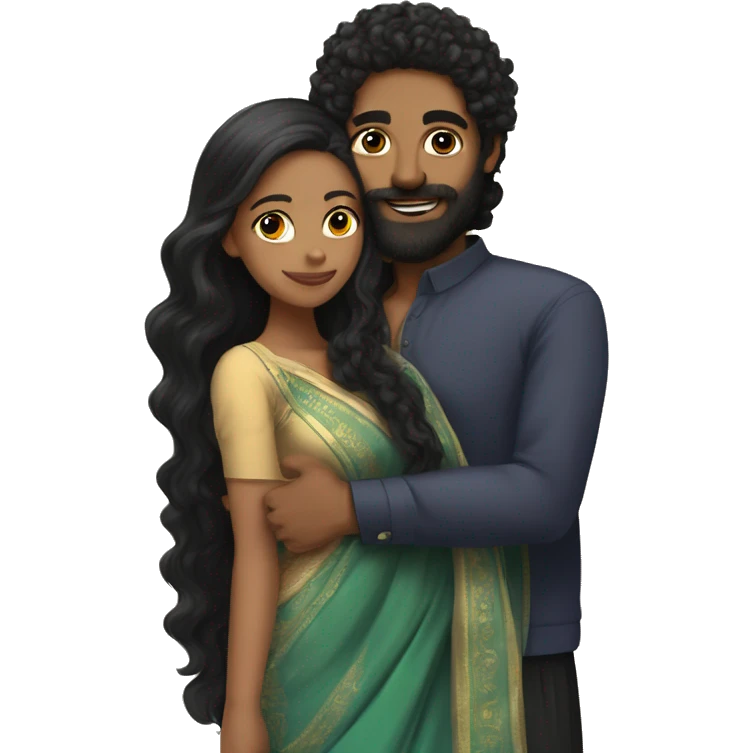 Light skin;Black long hair girl  in a saree hugging with a man with black beard and curly hair on top emoji