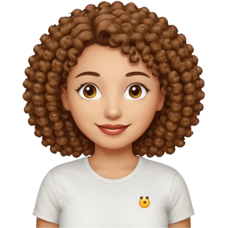 
professional, curly brown lady with hazel eyes, a little dot on the top of the left lip, a normal t shirst emoji