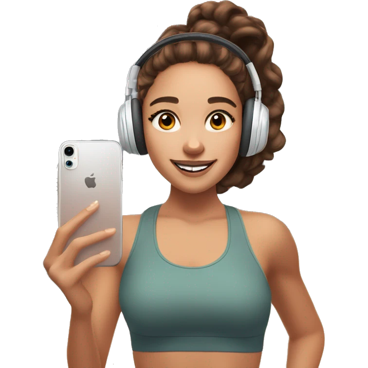 girl with brown hair and brown eyes, fit, in AirPods Max headphones takes a selfie in the mirror of the gym emoji