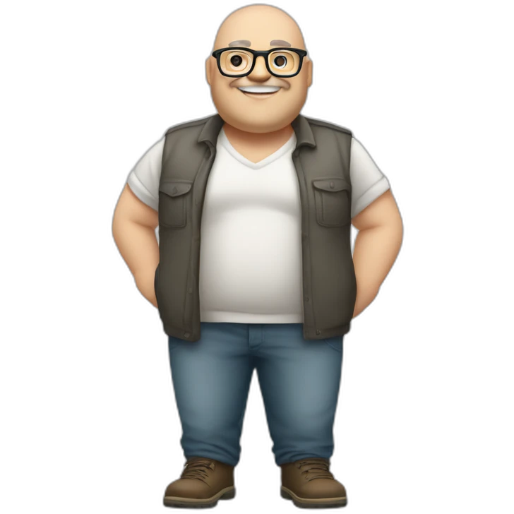 crossed arms full body smiling chubby white man bald head graybeard glasses emoji